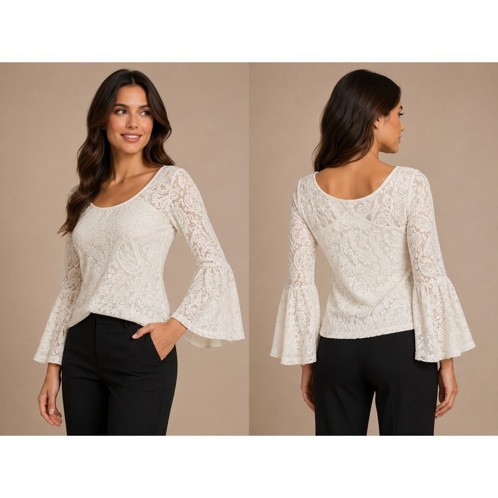 Adrianna Papell Lace Bell Sleeve Blouse Ivory Womens Small Boho Chic